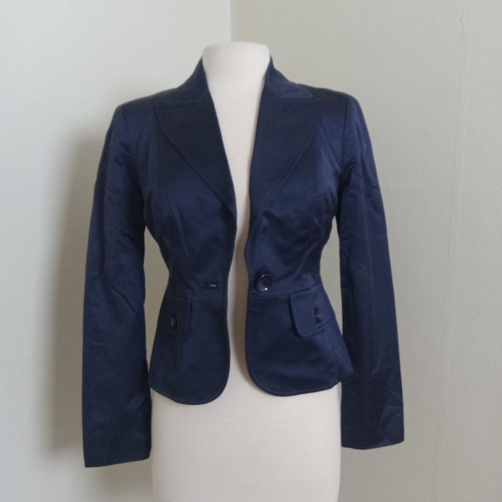 bebe Fitted 1 Button Navy Blue Cotton Blend Sateen Blazer Size 4 Fully Lined